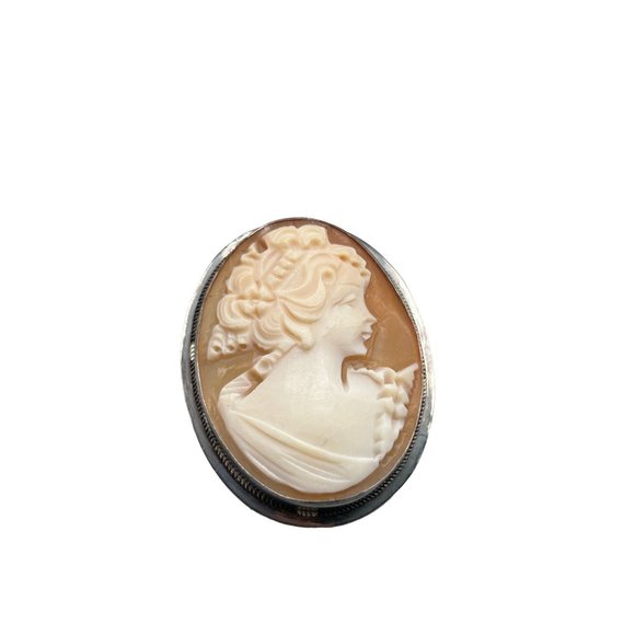 Vintage Sterling Silver Genuine Carved Cameo Shell Pendant Oval Pin Brooch - Picture 1 of 10